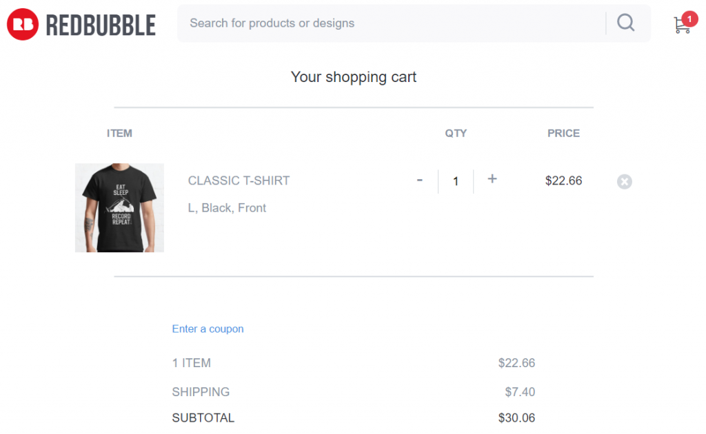 Printful vs Redbubble: Redbubble checkout for the Classic t-shirt
