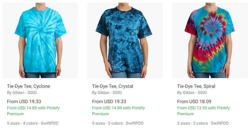Print On Demand Tie Dye T-Shirts: Printify catalog