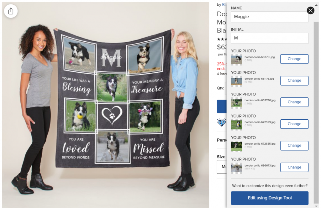Personalizing print on demand blankets on Zazzle to include name, initials and photos