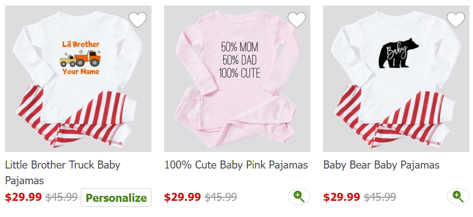 Selection of baby pajamas on CafePress