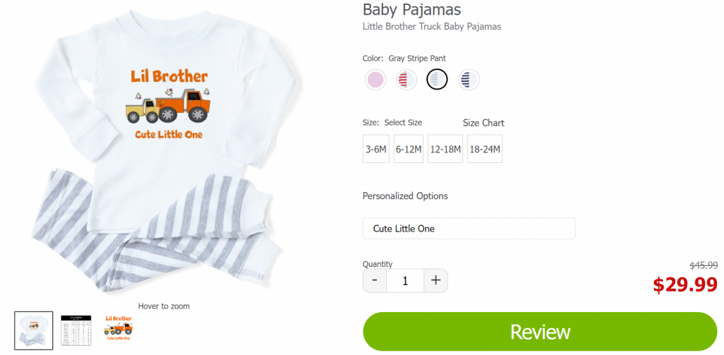 Personalizing baby pajamas on CafePress