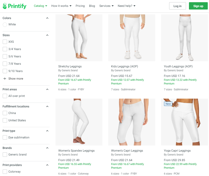 Printify's selection of print on demand leggings