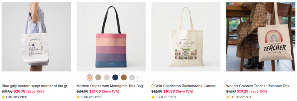 Selection of tote bags on Zazzle