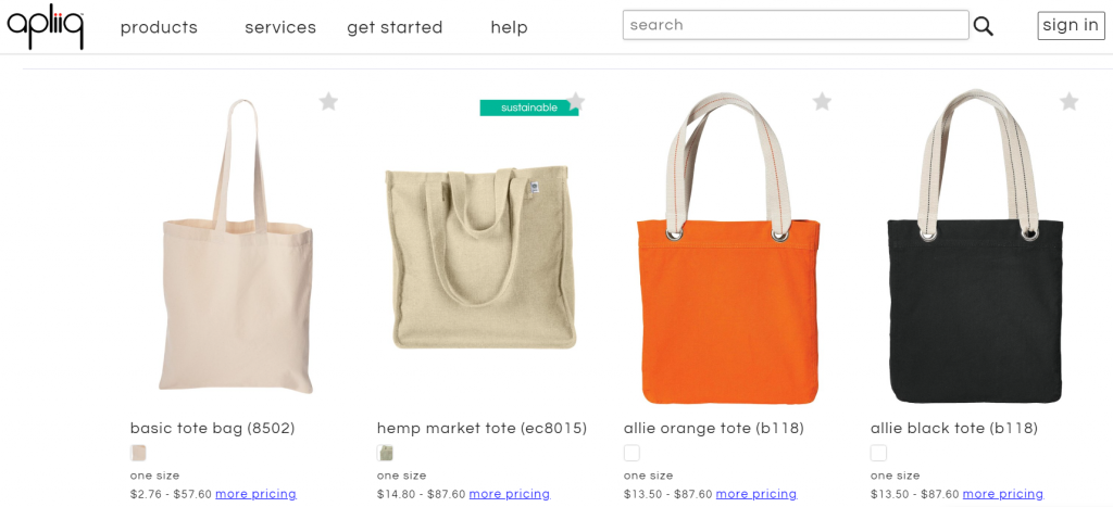 Selection of tote bags on Apliiq