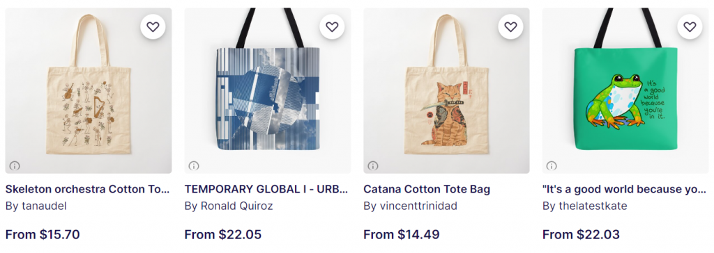 Selection of tote bags on Redbubble
