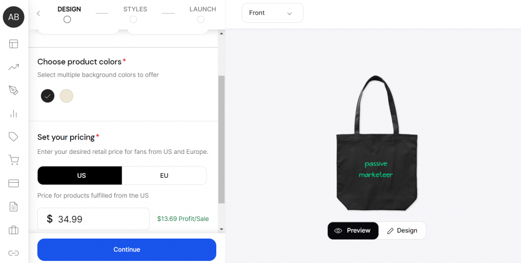 Designing black canvas tote bags on Teespring (Spring)