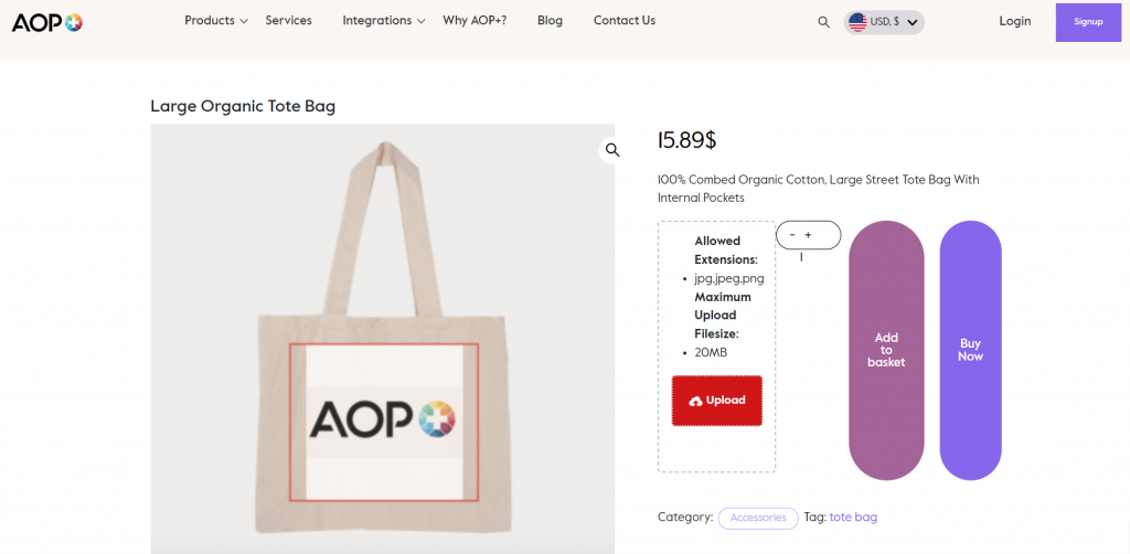 Organic large sized tote bag on AOP+