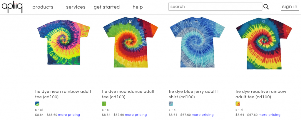 Catalog of print on demand tie dye t-shirts on Apliiq