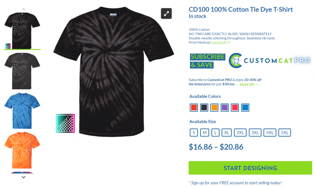 Print on demand tie dye t-shirt on CustomCat