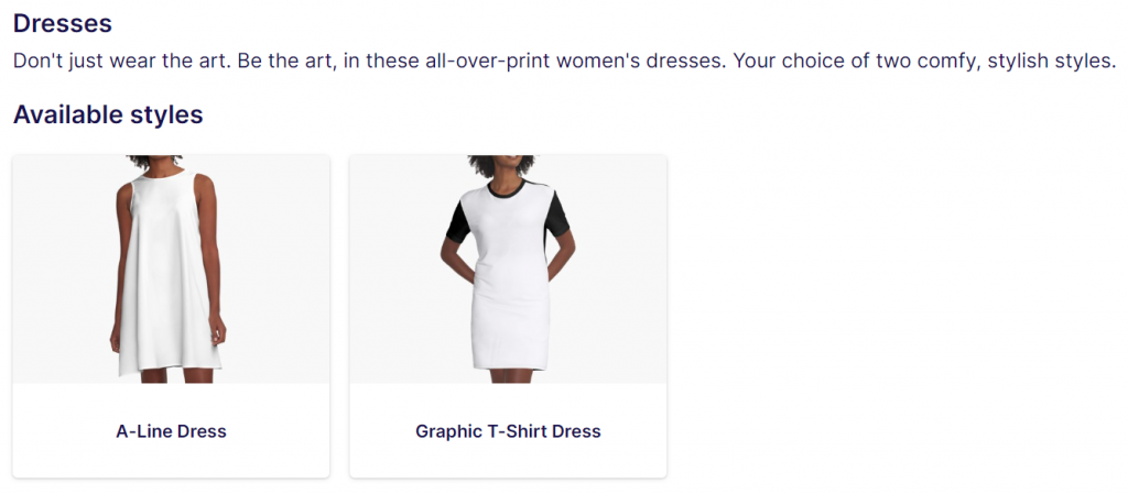 Choices of dresses on Redbubble