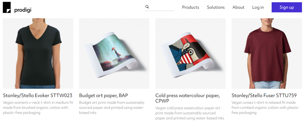 Selection of sustainable print on demand products on Prodigi