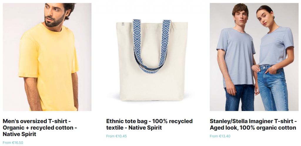 Selection of sustainable print on demand products on Tpop