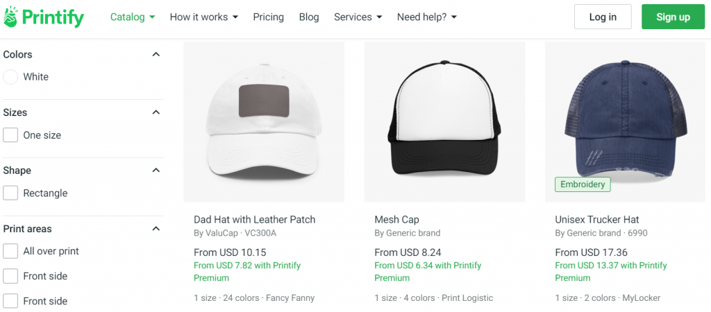 Selection of print on demand hats on Printify