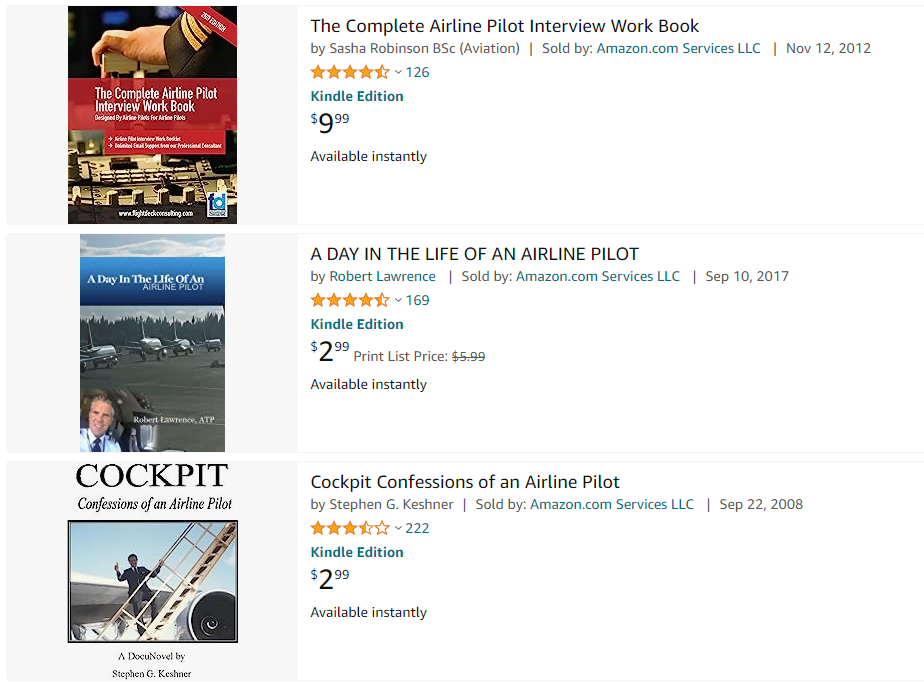Examples of Kindle e-books on airline pilots