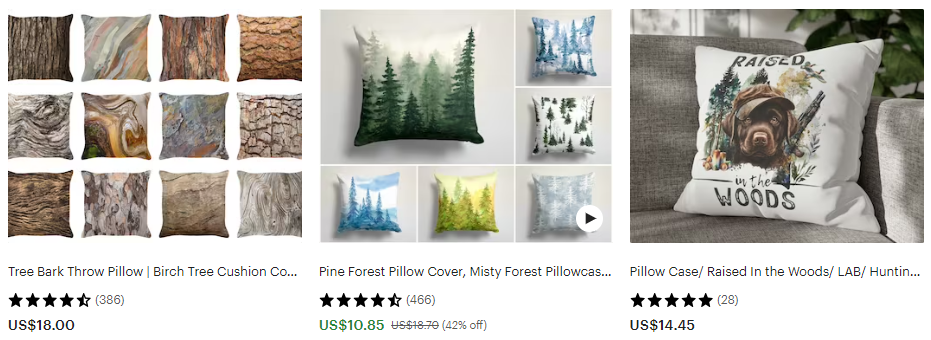 Examples of printed pillow cushions on Etsy