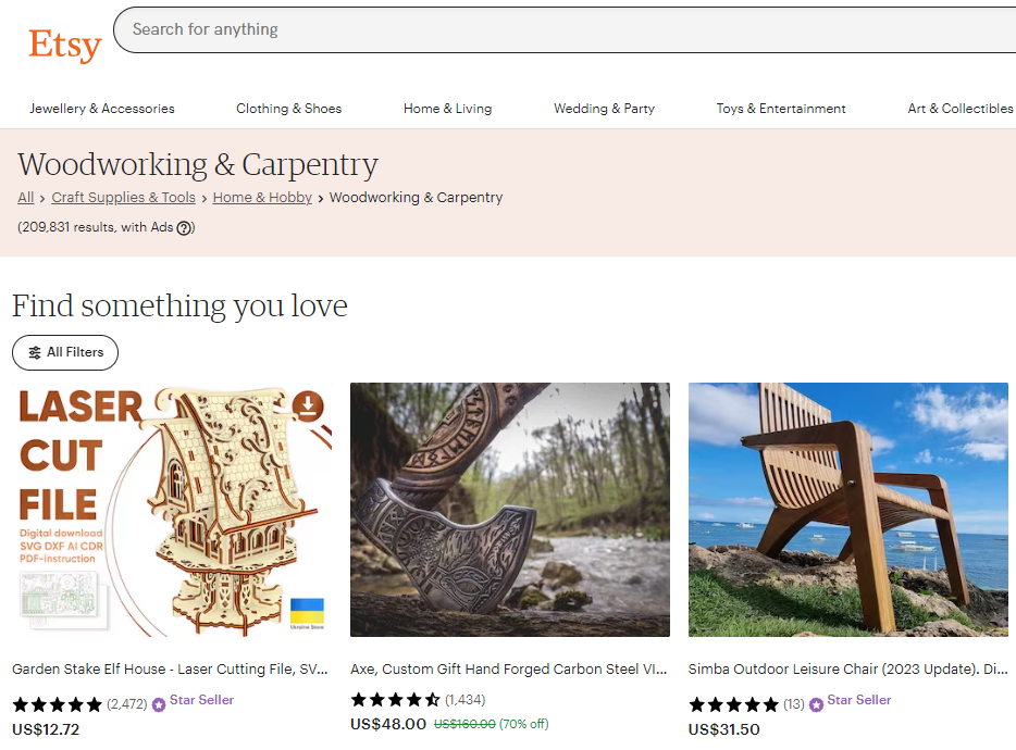 Woodworking and carpentry category on Etsy