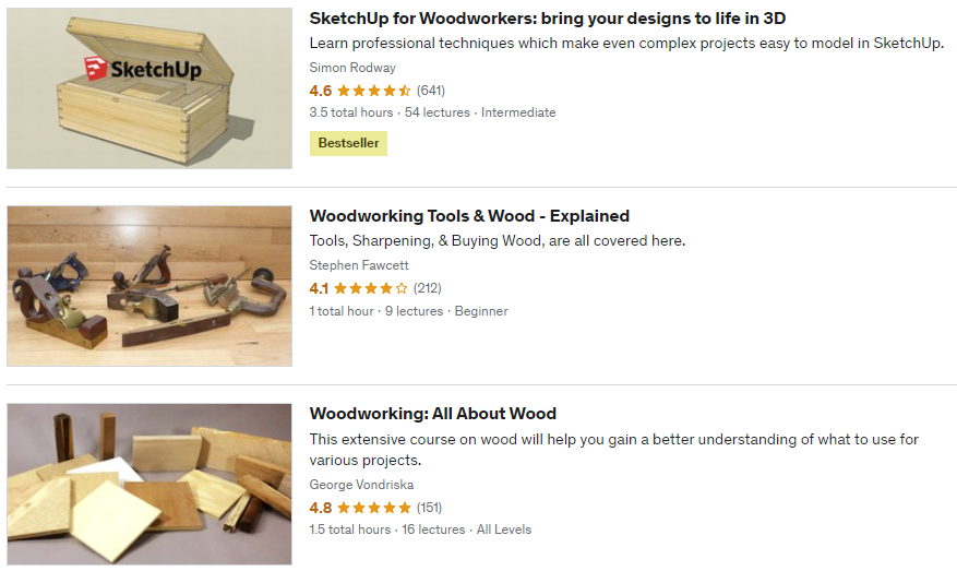 Examples of woodworking courses on Udemy