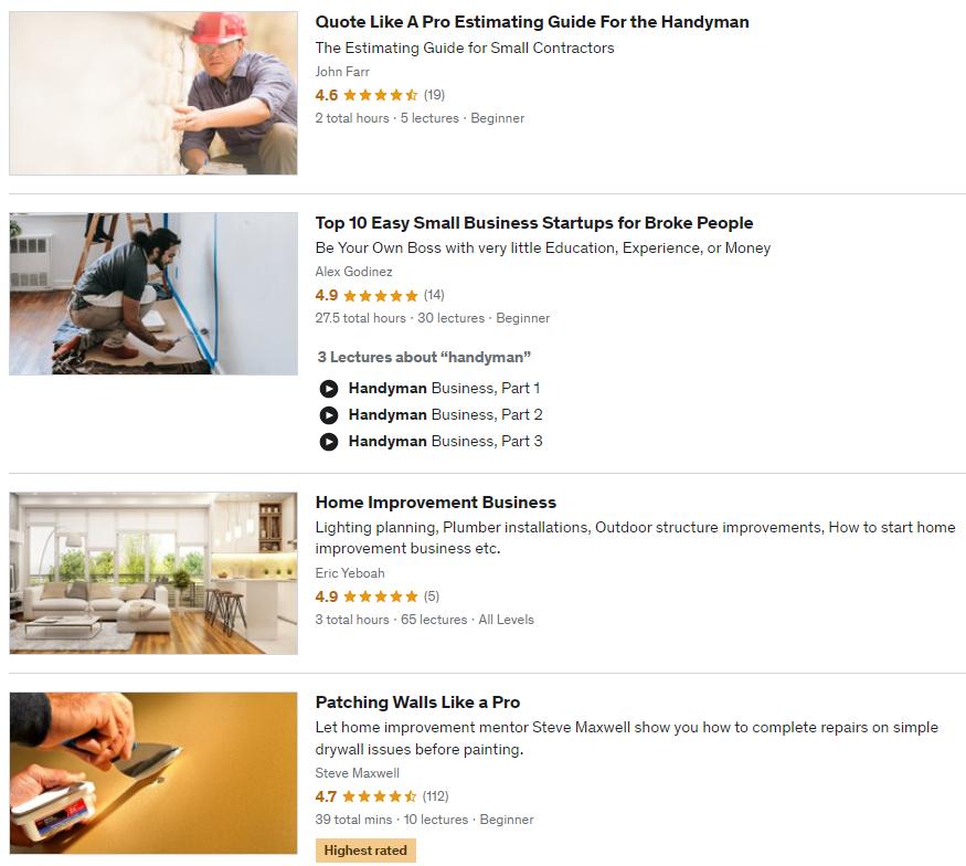 15 Best Side Hustles For Handyman: Examples of short handyman courses on Udemy