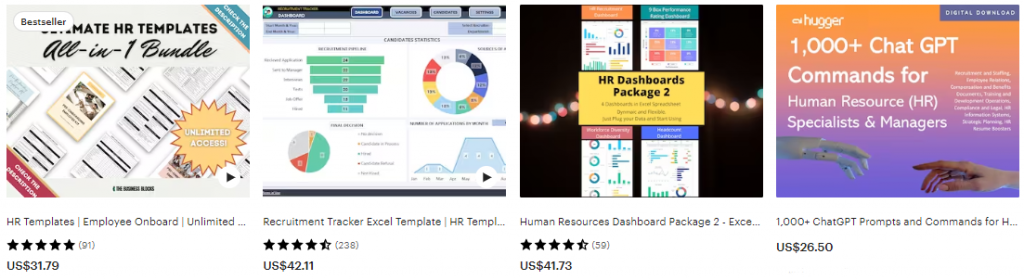Samples of human resource digital products on Etsy