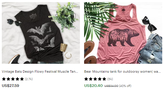 Printed tank tops on Etsy