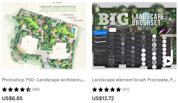 Examples of digital landscape design products on Etsy