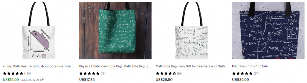 Examples of printed tote bags on Etsy