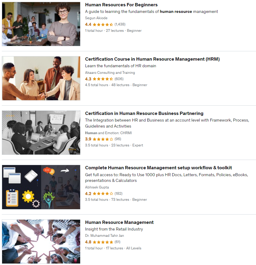 Sample of human resource courses on Udemy
