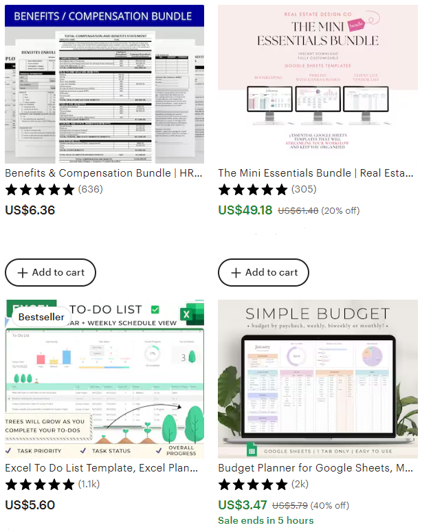 11 Best Side Hustles For Quantity Surveyors: Sample of Excel products on Etsy