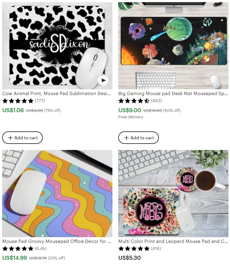 Examples of printed mouse pads on Etsy