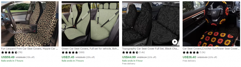 Examples of printed car seat covers on Etsy