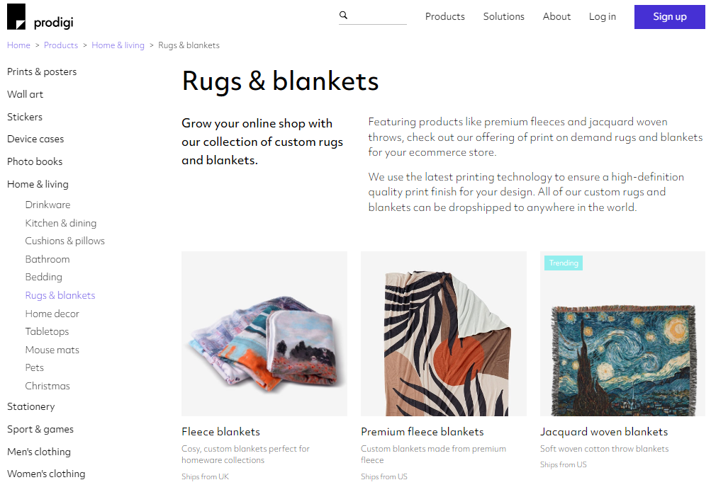 Choices of custom printed blankets on Prodigi