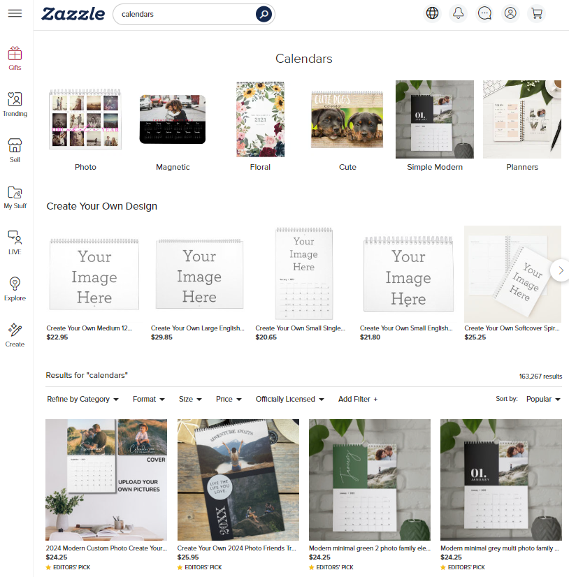 Selection of print on demand calendars on Zazzle