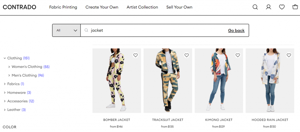 Contrado's catalog of custom all-over-print jackets