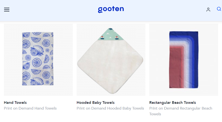 Selection of print on demand towels on Gooten