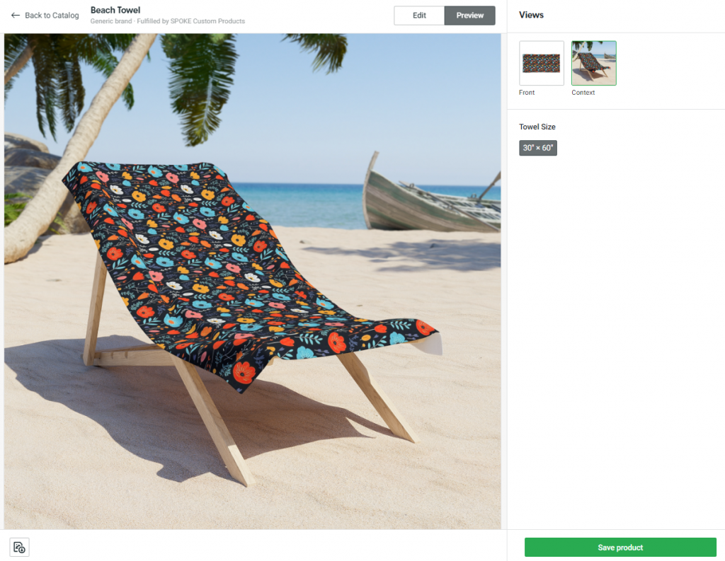 Mock up of custom beach towel with floral patterns on Printify