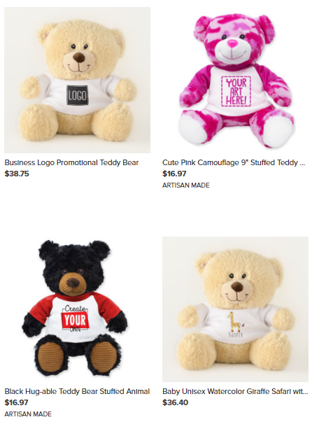 Catalog of print on demand teddy bears on Zazzle