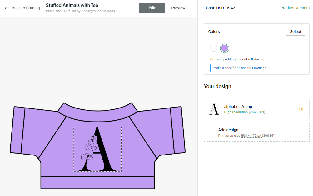 Designing stuffed animals t-shirt on Printify with my initials