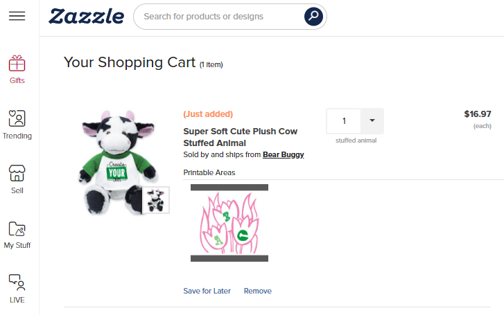 Snapshot of check out cart when ordering Zazzle's artisan made plushies