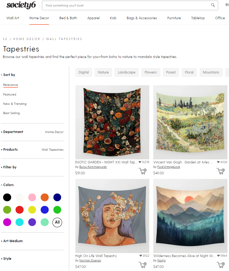 Samples of printed tapestries on Society6