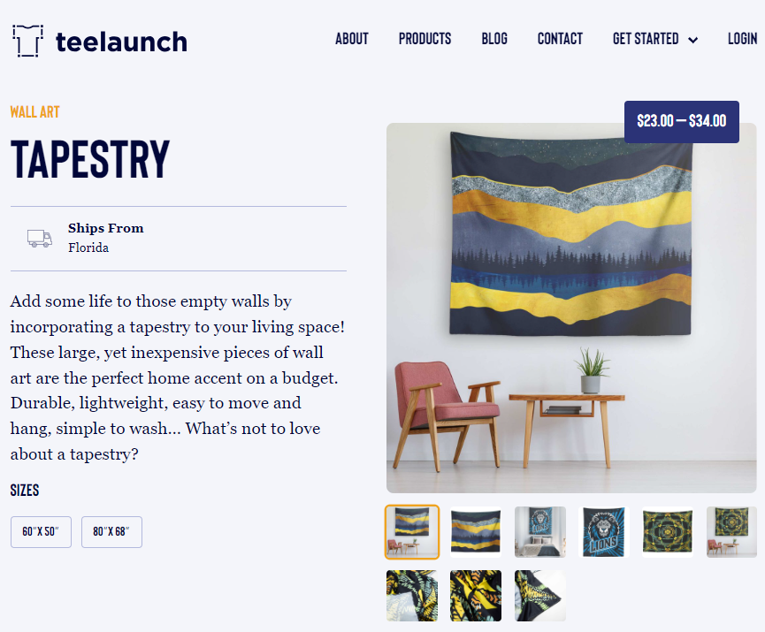 Printed tapestries manufactured in USA on Teelaunch