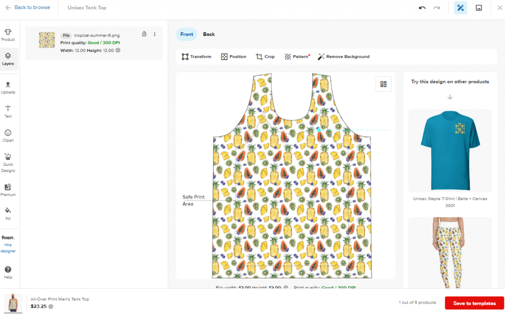 Designing all-over-print tropical fruit tank top on Printful