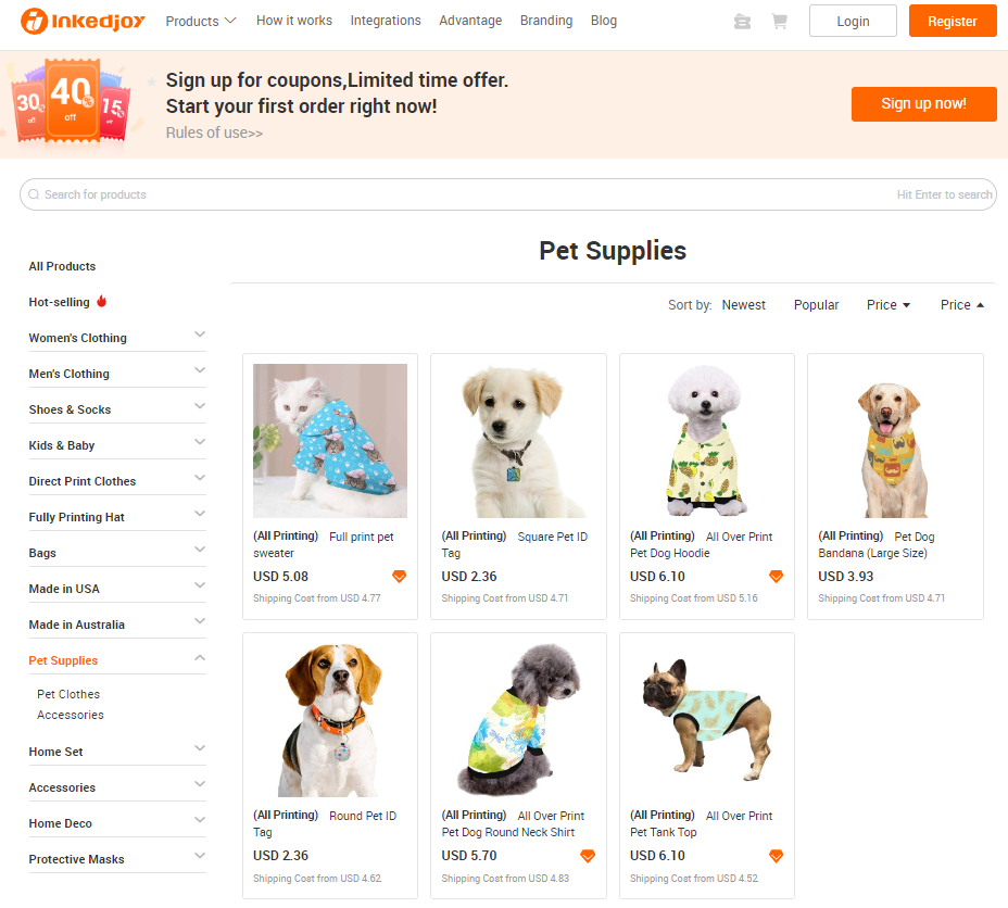 Inkedjoy's catalog for all over print dog clothing and accessories