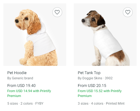 Selection of dog clothing on Printify