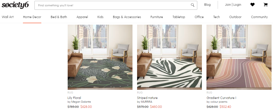 Samples of artist designed area rugs on Society6