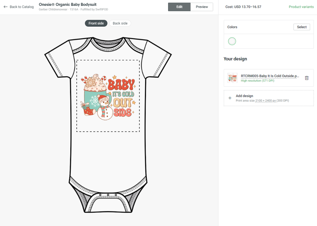 Designing a print on demand baby onesie on Printify