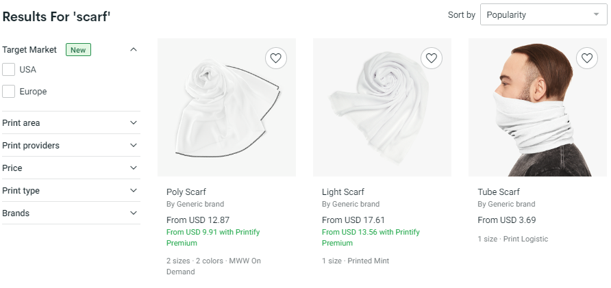 Catalogue of Printify scarves