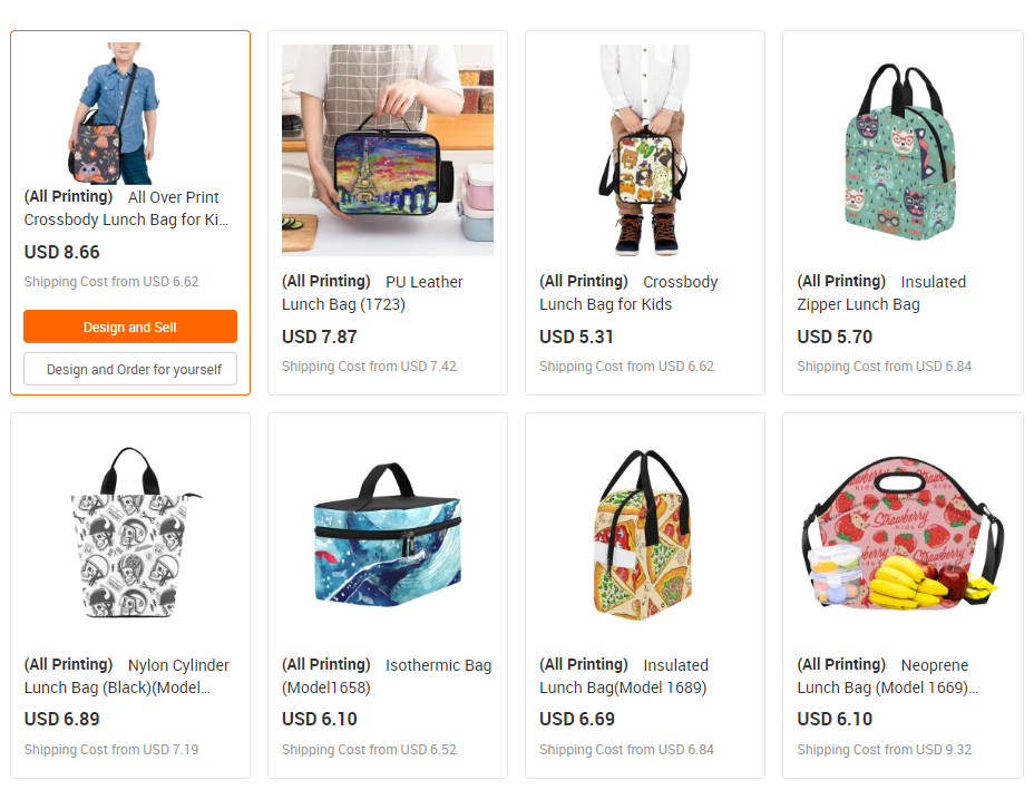 Inkedjoy's catalogue of print on demand lunch bags