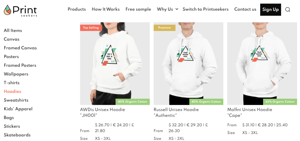 Print on demand unisex hoodies on Printseekers