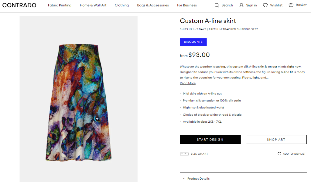 Custom printed skirts made of satin and silk on Contrado